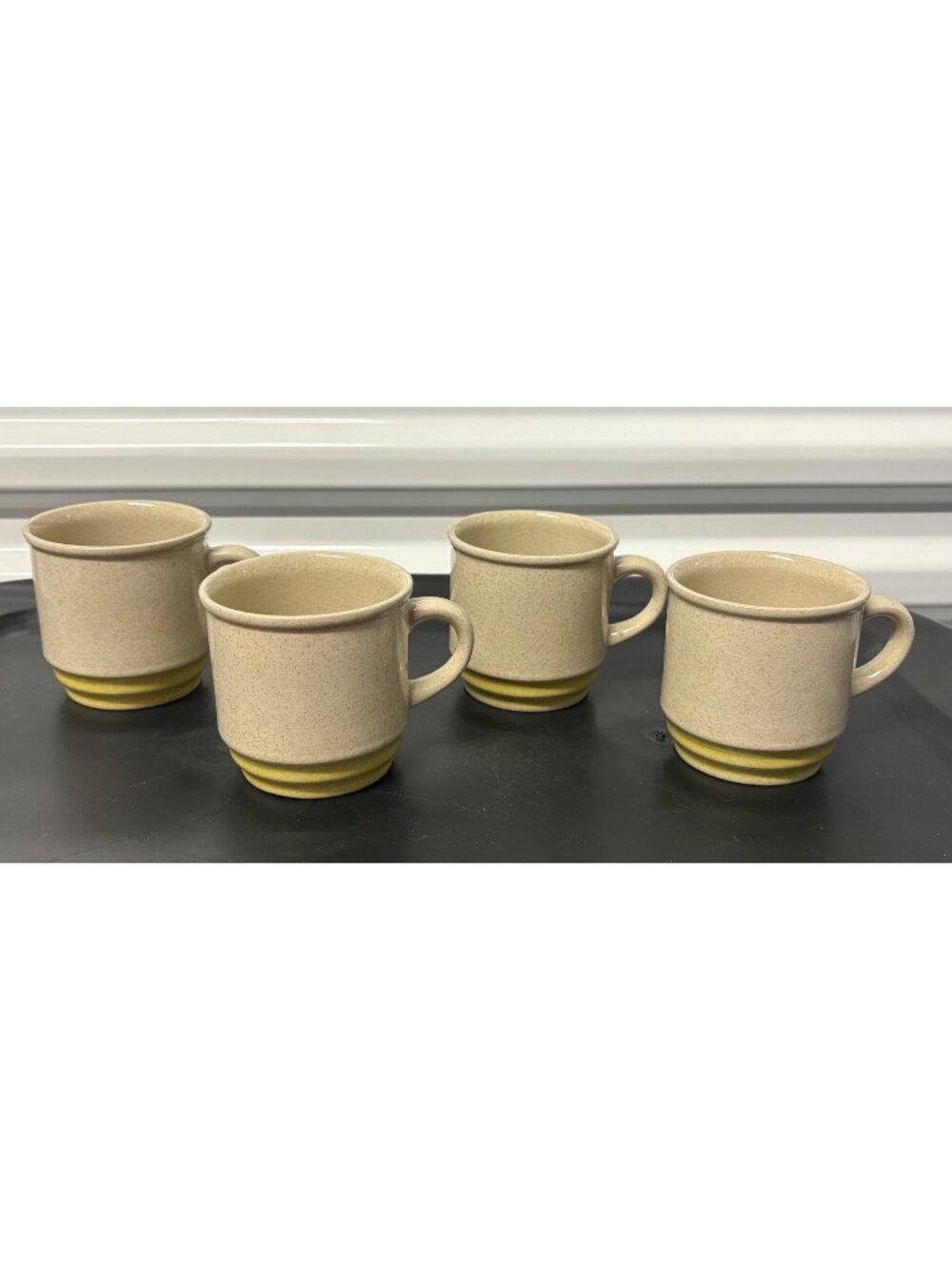Set Of 4 Kilncraft Stoneware Beige & Yellow Stripe Coffee Tea Mugs Made In Japan
